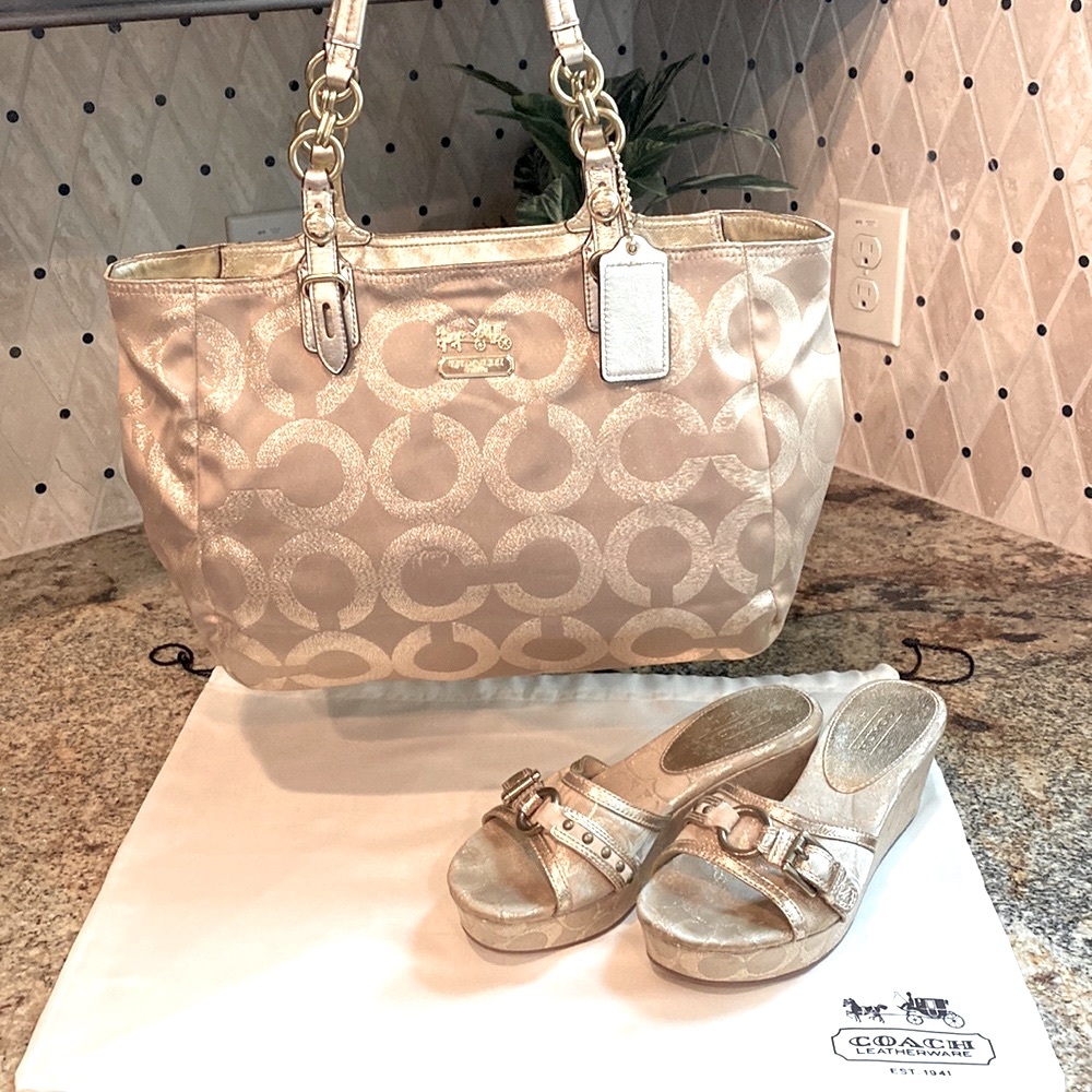 COACH metallic gold on khaki Chanel styled “C” sateen & leather tote #15746